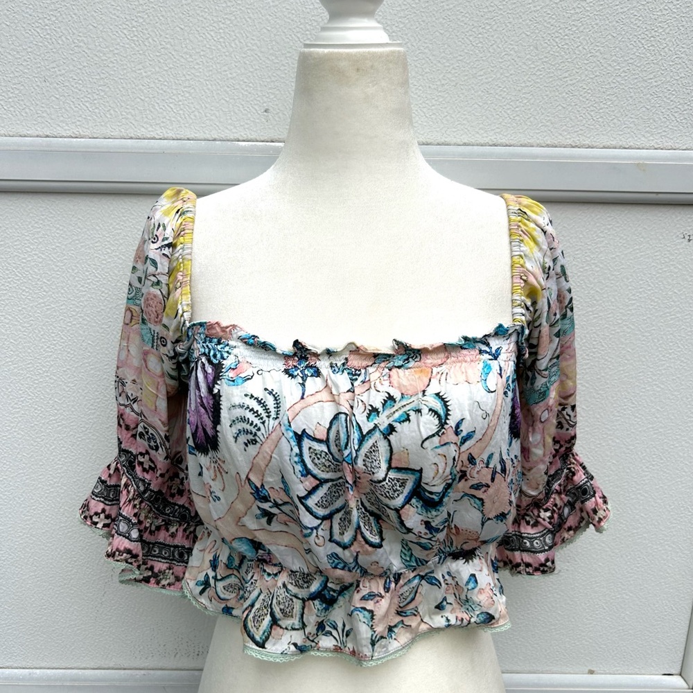 Hemant Nandita Anthropologie Women Floral Boho Top Sz M Cropped Multi Fairy - Picture 2 of 14